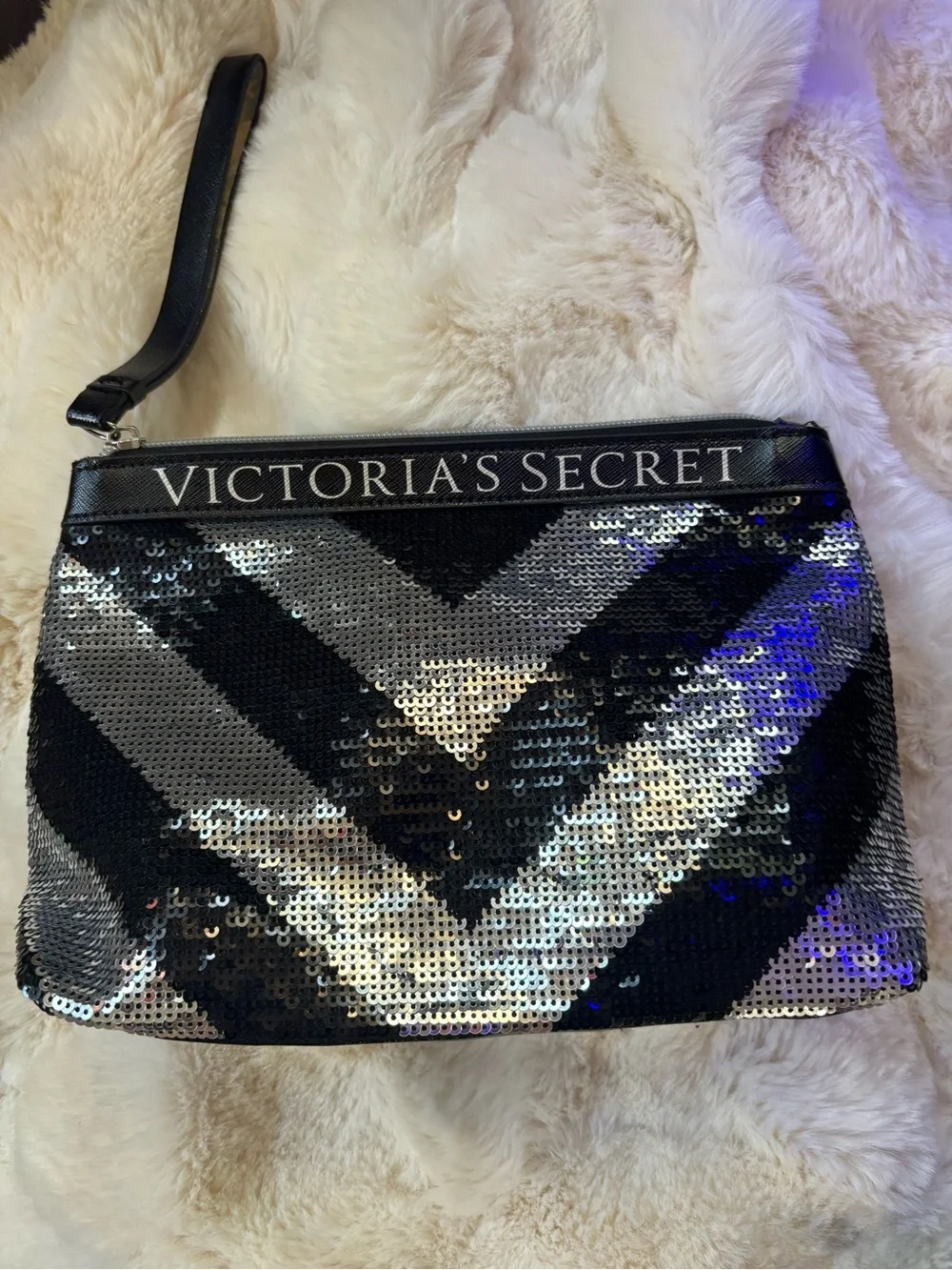 Victoria's Secret Black & Silver Chevron Sequin Makeup Pouch, like new!